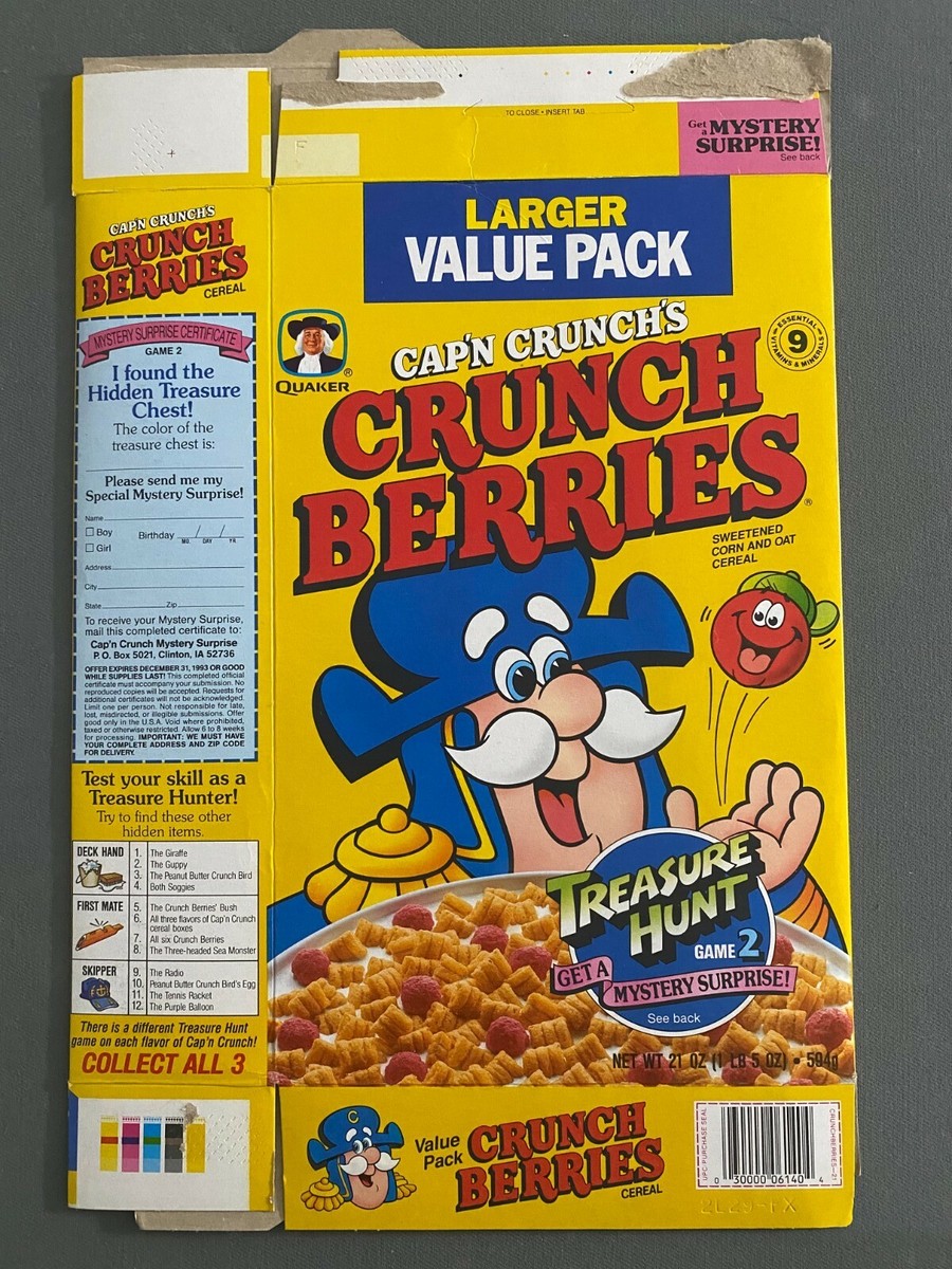 Quaker Cap'n Crunch's Crunchberries cereal box featuring Treasure