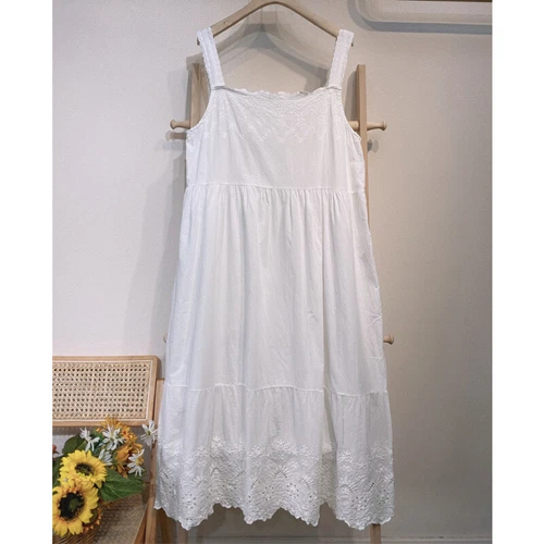 Women Tank Dress Lace Embroidery Cotton Midi Slip Cami Loose Casual Underdress - Foto 16 di 18