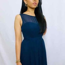 Jenny Yoo | Navy Long Sheer Neckline Chiffon Maxi Bridesmaid Evening Gown Dress