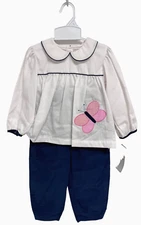 ZU by Petit Ami Baby Girl Corduroy Set 2 pieces pant and top white blue size 2T
