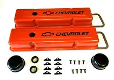 Chevrolet Steel Valve Covers Orange STOCK HEIGHT Chevy Engine Dress Up 283-400 