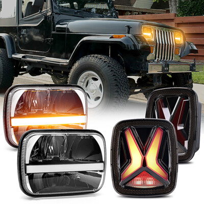 For Jeep Wrangler YJ 1987-1995 LED Tail Brake Turn Signal Lights+7X6'' Headlights