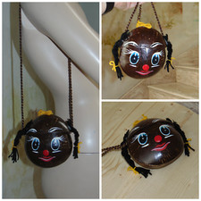Vintage Coconut Shell Purse Hand Painted Face Head, Lined, Unique Top Closure