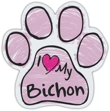 Pink Scribble Paws: I LOVE MY BICHON FRISE | Dog Paw Shaped Car Magnets