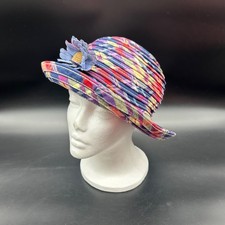 Vintage Plaid Hat 1990s Pink Blue Flower Brooch Accent Y2K Womens Liz Claiborne