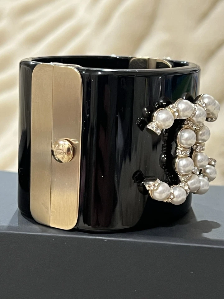 Chanel Black Cuff Pearl Logo Bracelet. Black, Pearly White, Crystal & Gold - Image 2 of 4