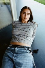ZARA Grey Silver Mesh Tulle Sequin Long Sleeve Crop Top Size S 6895/ 305 BNWT