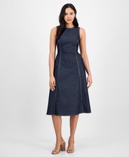 Vince Camuto Fit & Flare Cotton Denim Midi Dress Women's 8 Navy Back Zip Closure