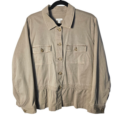 J Jill XL Petite Beige Jacket Canvass Button Up Collar Patch Pockets Peplum ~