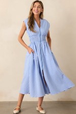 ENTRO Shasta Dress Large Blue Gingham Picnic Zip Front Smocked Midi Cap Sleeve