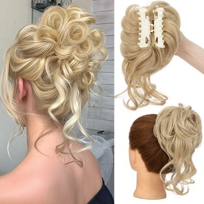 Real THICK Messy Curly Hair Bun AS Human Claw Clip Ponytail Scrunchie Extensions