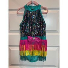 Kids Sequin Fringe Dance Leotard Costume Teal Pink Yellow Performance Comp MC