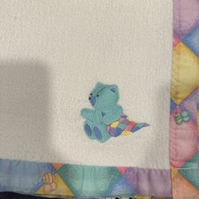 Carter's Vintage Baby Blanket Made in USA Cotton Teal Bear White Multicolor Trim