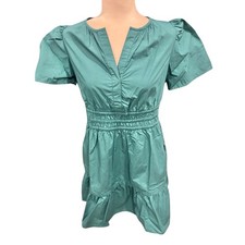 NWT Quince 100% Organic Cotton Poplin Tiered Mini Dress Small Green Casual