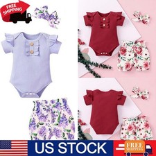 Newborn Baby Girls Clothing Ribbed Romper  Floral Shorts  Headband Outfit New