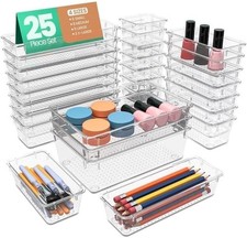 25 Piece Clear Drawer Organizer Trays 4 Sizes Plastic Storage Bins Home Office