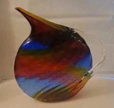 Mark Weiner  Rare Rainbow Glass Art Optic Flat Pitcher Signed and Dated 95"