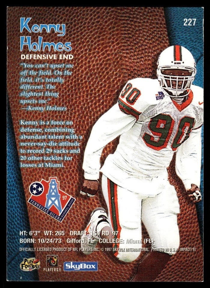 1997 SkyBox Impact Kenny Holmes Rookie Tennessee Oilers #227 - Image 2 of 2