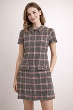 LOFT Pink Plaid Houndstooth Shift Dress Medium Short Sleeve Peter Pan Collar