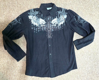 Roar Signature Mens Black Long Sleeve Button up Embroidered Shirt Size Lg
