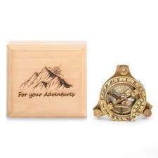Vintage Brass Sundial compass with wooden engraved box Hiking camping adventure