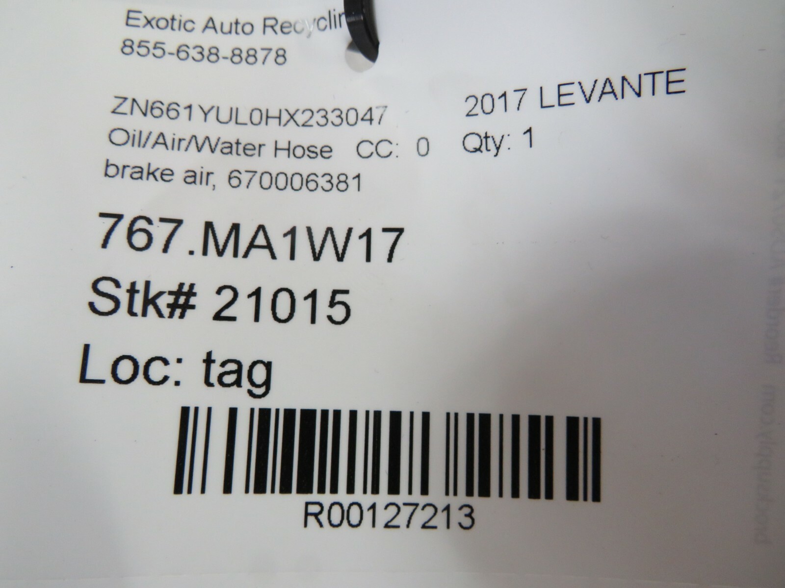 Maserati Levante, Quattroporte, Ghibli, Brake Vacuum Hose, Used, P/N 670006381