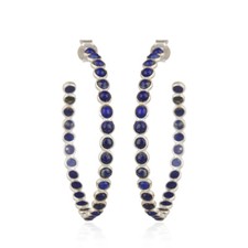 Natural Lapis Lazuli Gemstone 925 Sterling Silver Designer Hoop Earrings