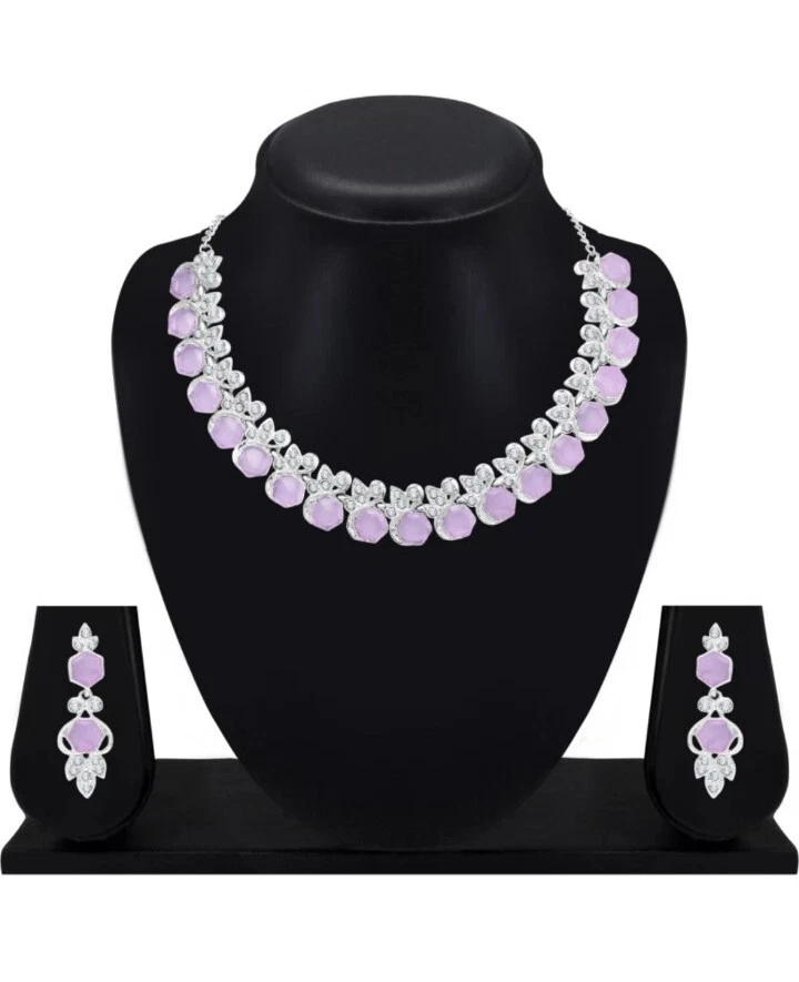 Juego de aretes gargantilla enchapada en plata púrpura Kundan joyería boda india Foto 2 de 4