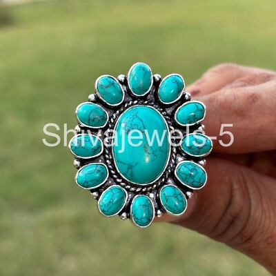 Turquoise Gemstone Cluster Gift For Her Ring 925 Sterling Silver