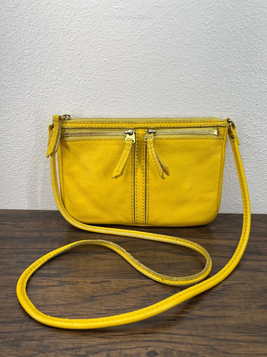 Fossil Yellow Pebble Grain Leather Small Zip Crossbody Bag