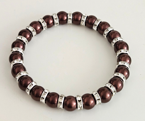 Elastic Glass Pearl & Diamante Rondelle Bead Bracelet / Gift Pouch - 29 Colours - Picture 148 of 161