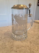 Vintage Clear Glass Etched German 7" Beer Stein with Pewter Lid