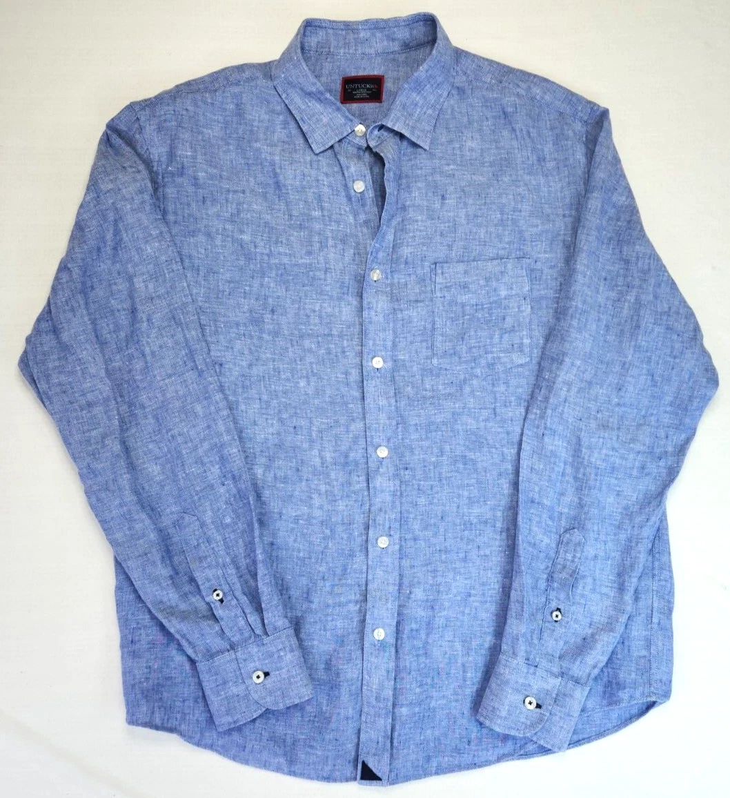 UNTUCKit Vin Santo Men's linen long sleeve casual shirt Blue Large