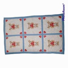 Handmade quilt cross stitch bear heart 56" X 36" crib baby vintage 1982 Riegel