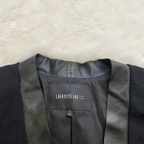 Lafayette 148 New York Black Crepe Wool Blazer Jacket Size 2 Faux Leather Trim - Picture 2 of 7