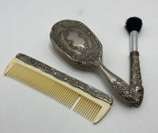 Vintage 1970s Silver Plated Vanity Comb  Brush Set--Three Pieces