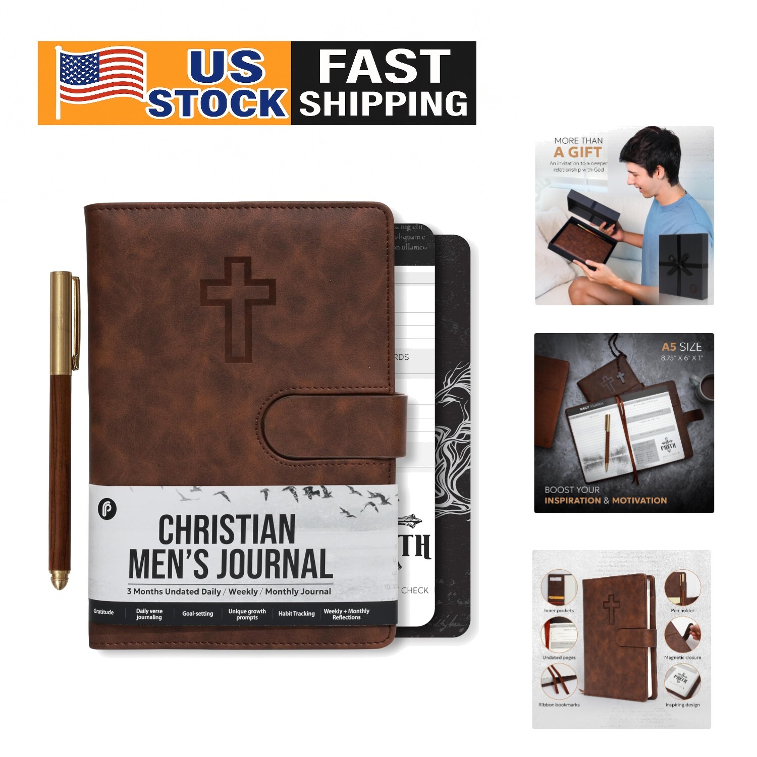 Magnetic Leather Devotional Journal & Planner for Men - Inspirational Faith Gift  
