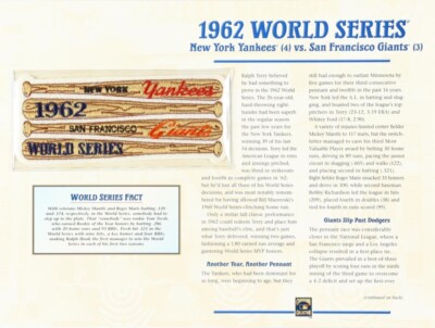 1962 World Series 9x12 Stat Card & Cloth Teams Patches Display Yankees v Giants