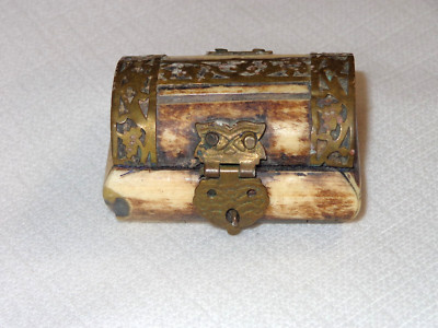 Vintage Small Overlay Camel Bone Handmade Trinket Box w/ Brass Fittings