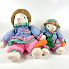 2 Vintage Puffy Parachute Nylon Plush Bunny Easter Hat Carrot 9" 12" Toy D cor