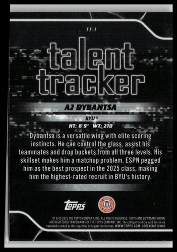 2025-26 Bowman #TT-1 AJ Dybantsa Talent Tracker - Picture 2 of 2