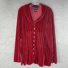 Susan Graver Velvet Tunic Size XL Red Pleated Button Up Blouse Holiday Luxurious