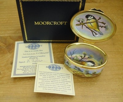 Boxed Ltd Ed Moorcroft Emaille ''Willow Titmouse'' Box - Amanda Rose - 2 1/2''