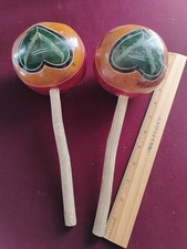 Vintage Hand Painted Wood Gourd Marachas, Percussion ,great CRISP Sound