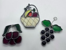 Lot Of 3 Tiffany Stained Glass Suncatchers Fruit Basket/Cherry/Grape