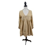 Boho Western Mini Dress Women M Tan Peasant Lace Trim V-Neck Empire Waist