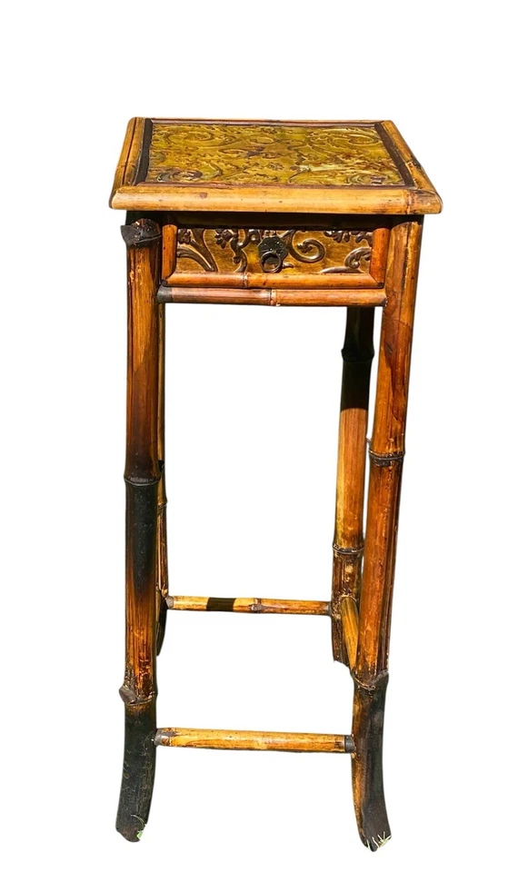 Vtg Bamboo Rattan With Metal Plant Stand SideTable W/Drawer Indoor/Outdoor Decor - Image 2 of 4