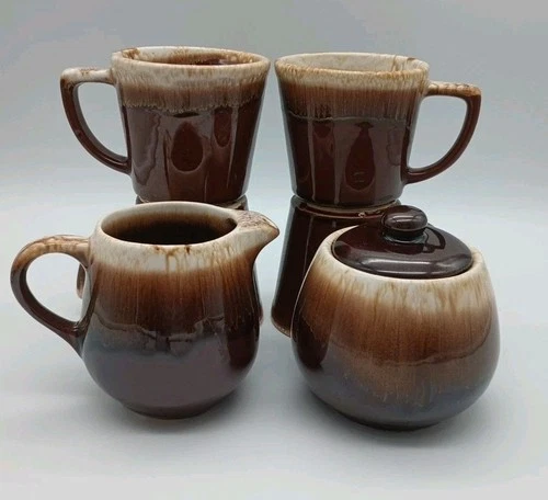 vtg mccoy pottery Brown Drip Coffee Set D Handle 4 Mugs Cream Sugar Bowl Lid