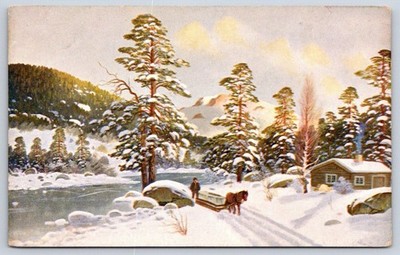 Antique Norway Postcard OSLO Mittet  CO Winter Cabin Scene 1910