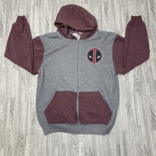 Marvel Deadpool Gray Full Zip Hoodie Adult M burgundy Quilted Arms/Hood/Pockets